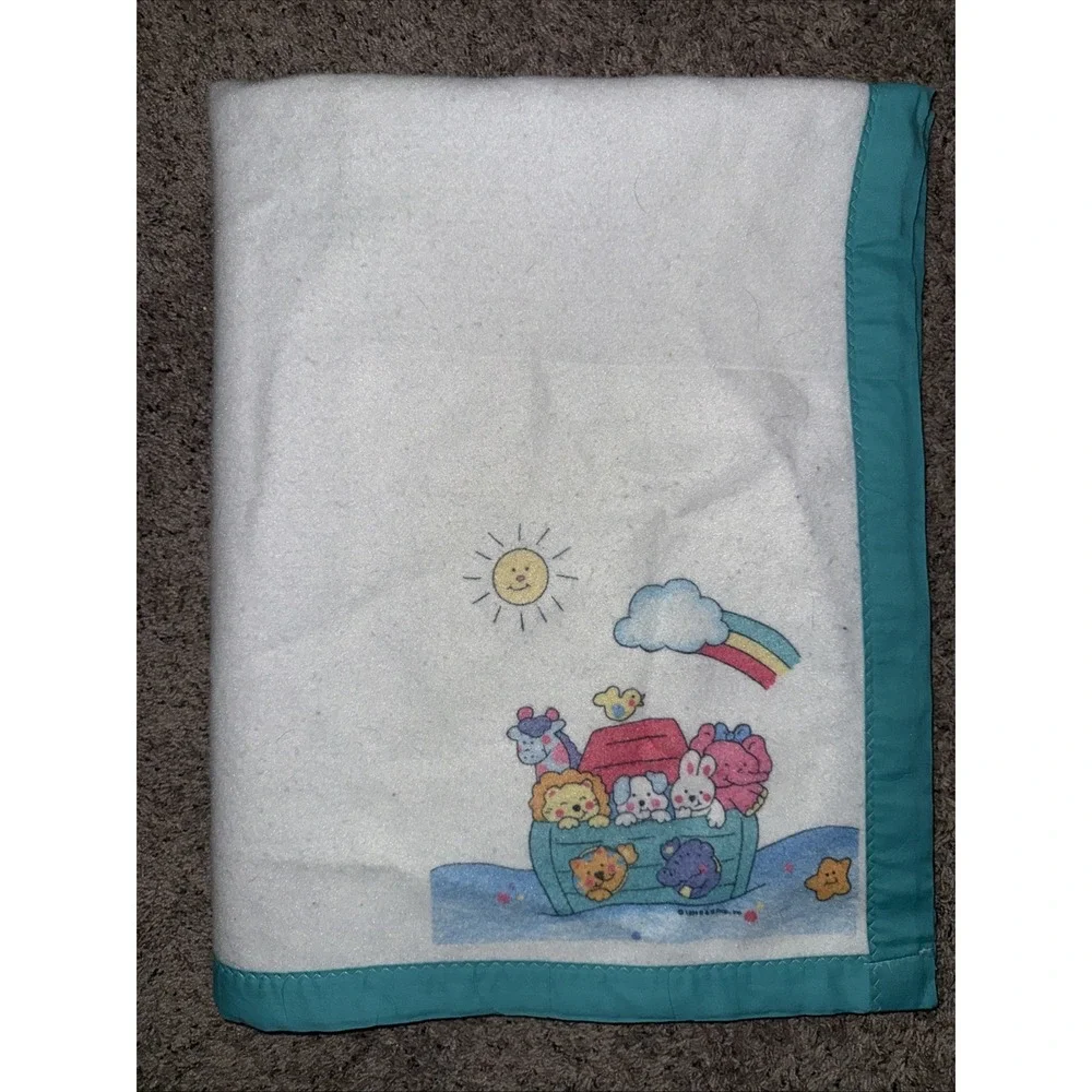 Vintage 1994 Riegel White‎ Baby Blanket Animals Noah's Ark Turquoise Nylon Trim